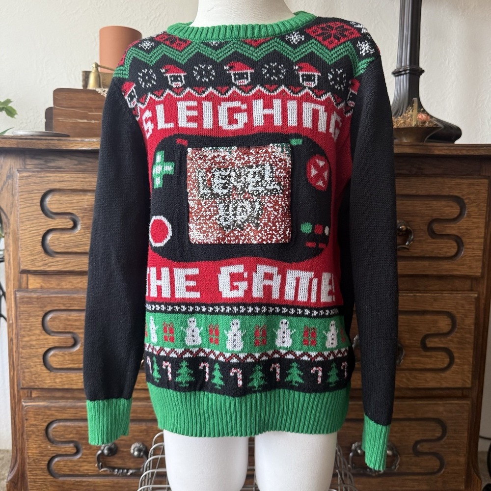Well Worn Kids Gaming Ugly Christmas Sweater S Sleighing The Game Sequin Black